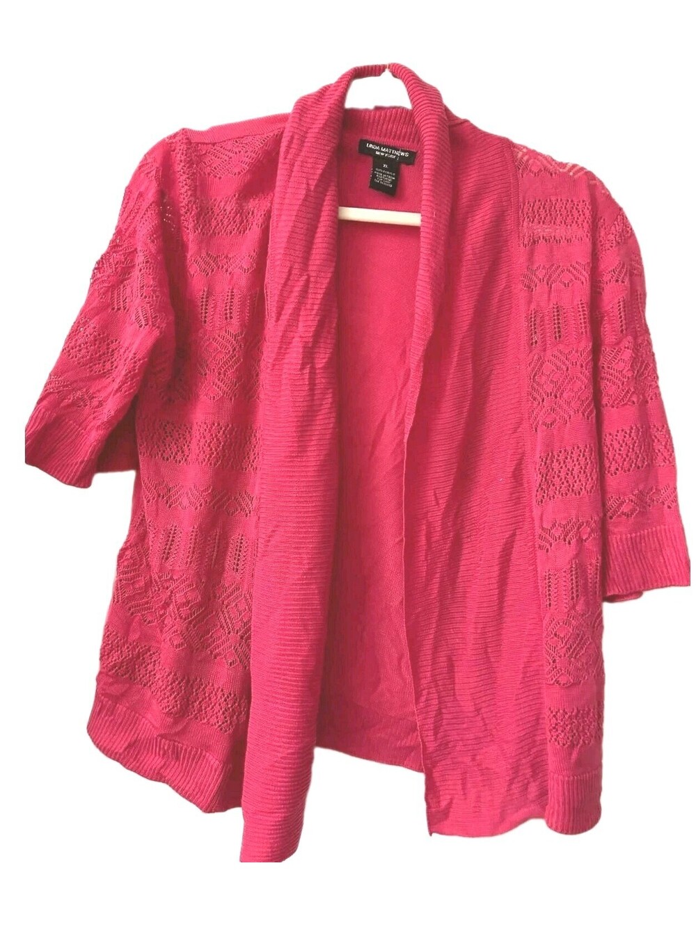 Linda Matthews NY Hot Pink Crochet Knit Cardigan Sweater Open Front Size XL